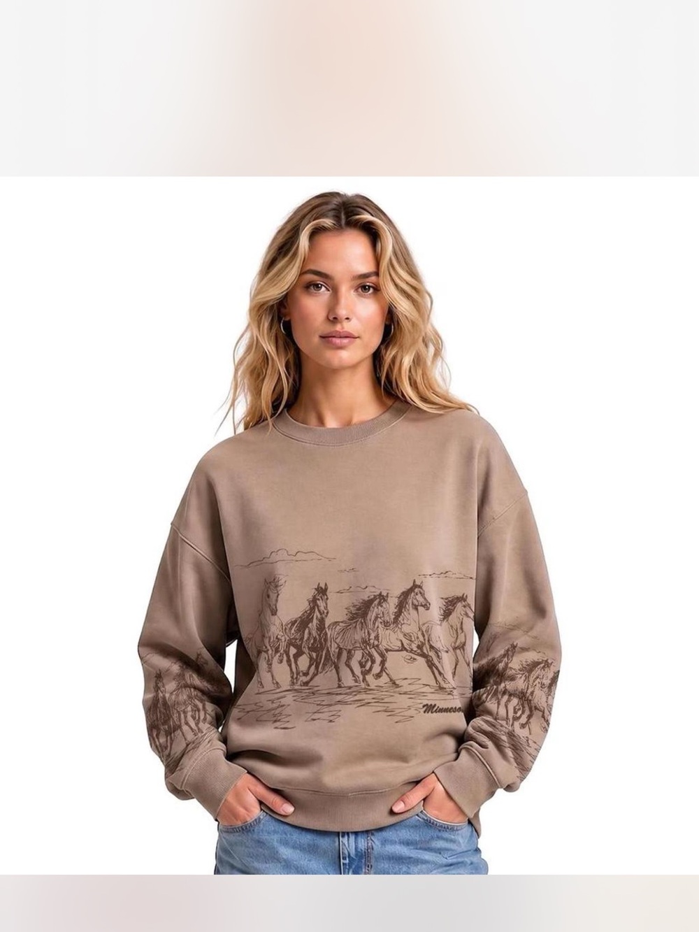 State of Mind Taupe Graphic Crewneck Sweatshirt - Horse Print